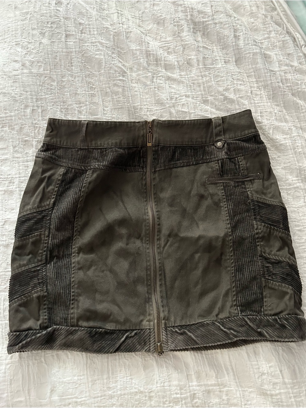 Front-Zip Dark Gray Mini Skirt with Corduroy Trim